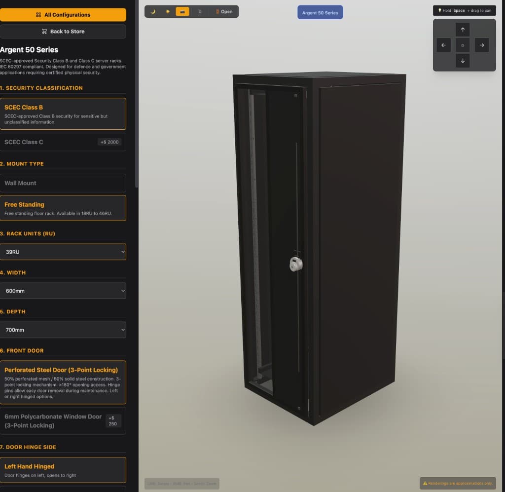 Rack infrastructure specified for load, security, and cable volume